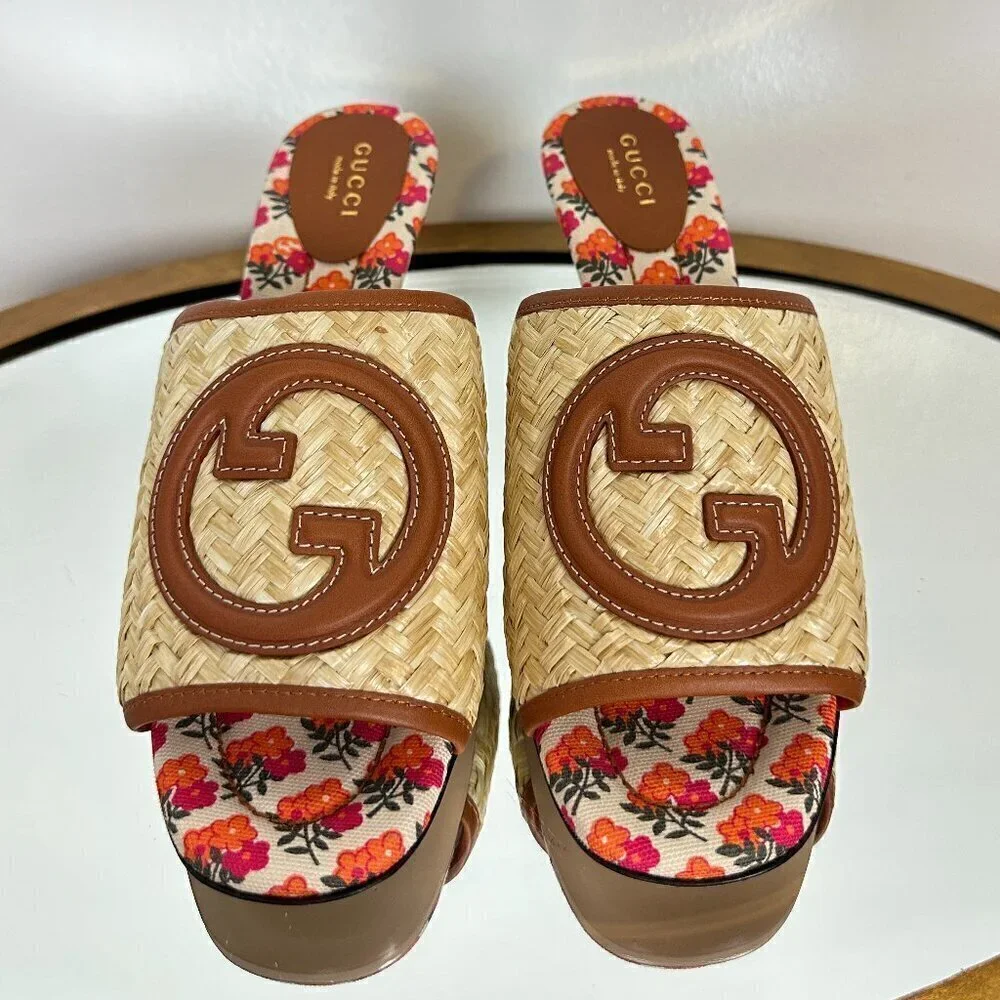 GUCCI Mabel Leather-trimmed Raffia Mules in Beige Size 8.5US / 38.5EU